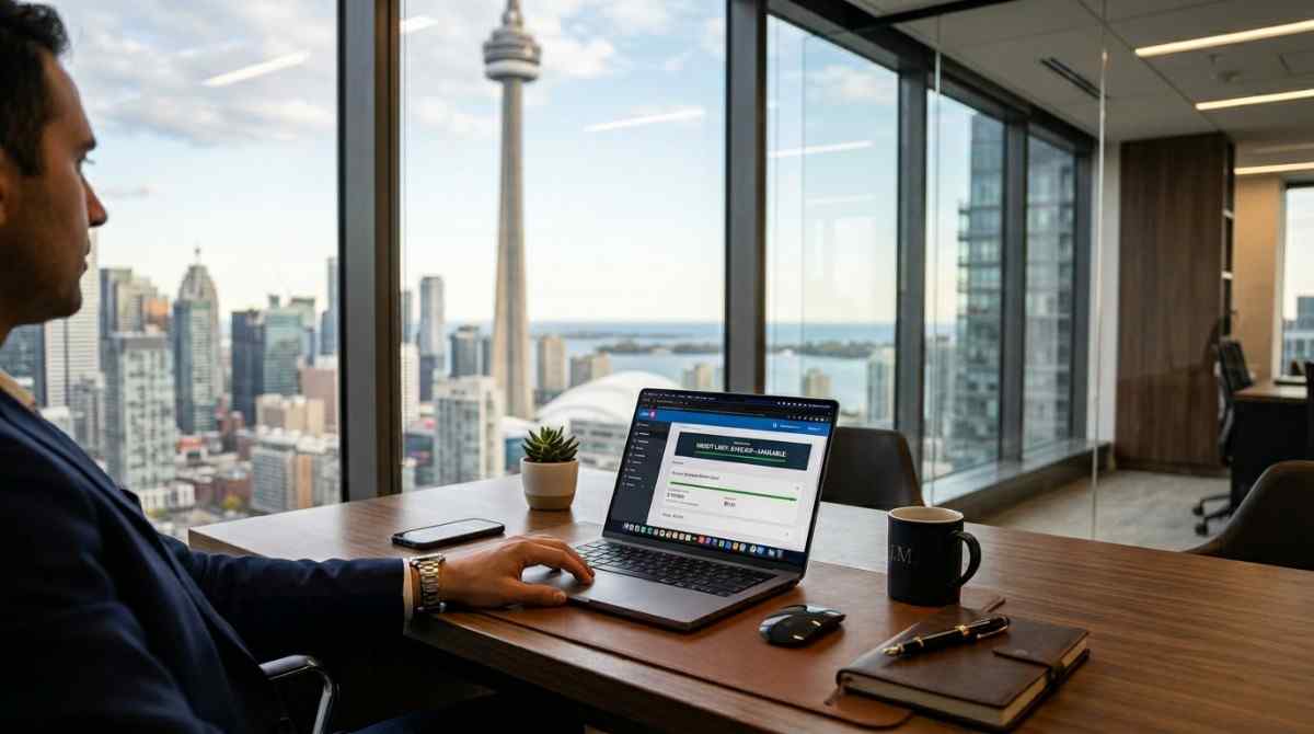 A modern office window in downtown Toronto with a laptop displaying a financial dashboard.