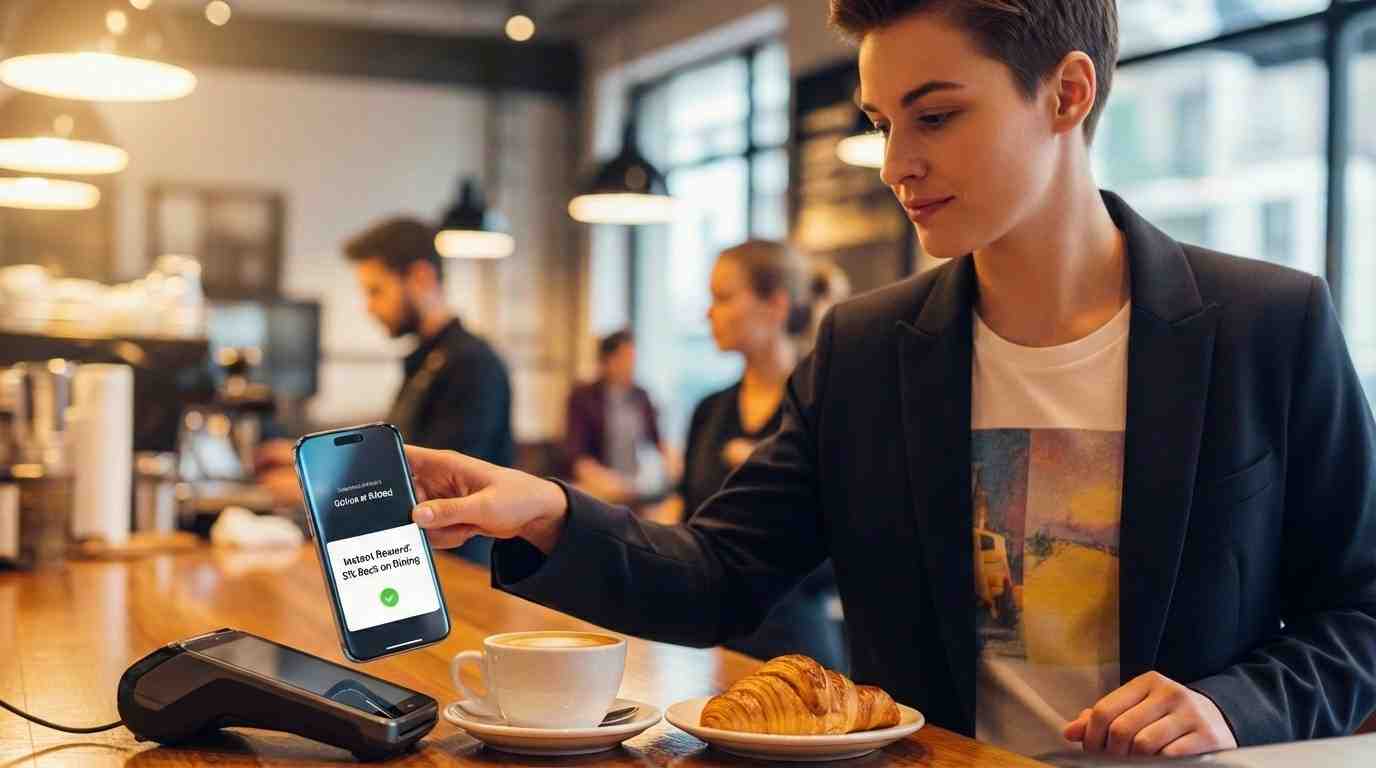 An individual using a digital wallet to pay for a meal, showing immediate experience-based rewards.