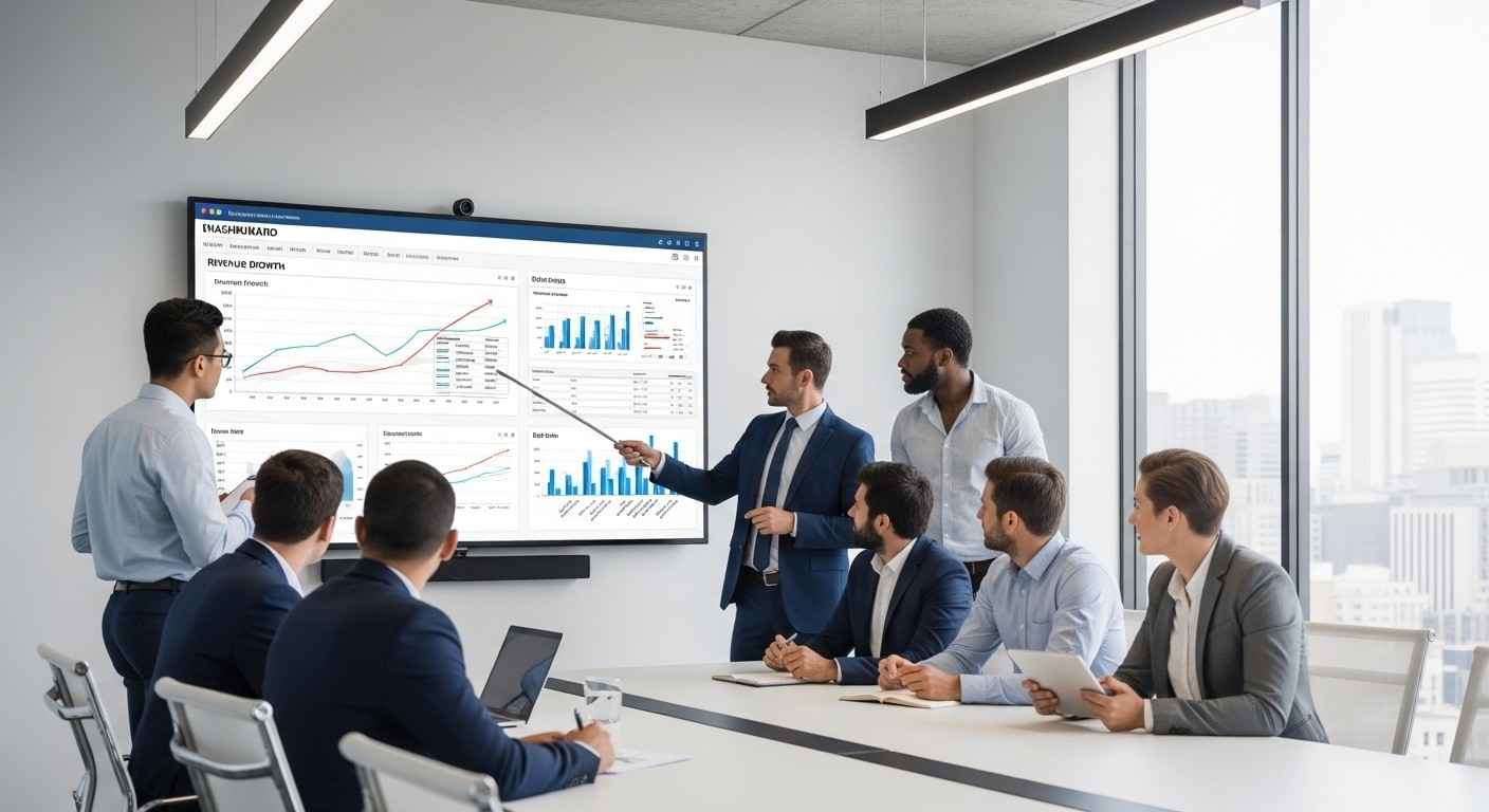A professional team in a sunlit boardroom reviewing financial data on a large screen, emphasizing preparation and accuracy.