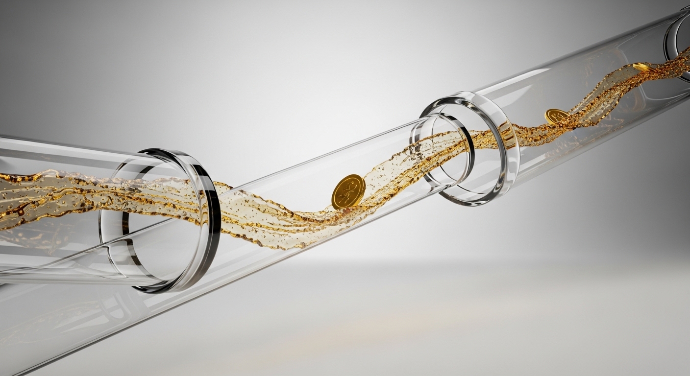 An abstract 3D visualization showing gold coins flowing through a transparent pipeline, symbolizing liquid capital and cash flow.