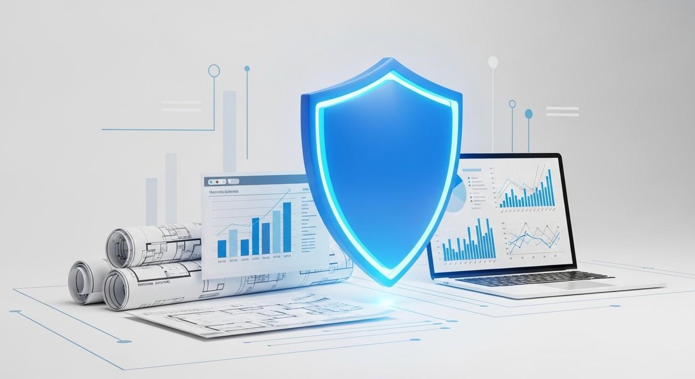 An abstract representation of business risk showing a shield icon overlaid on a digital graph representing professional services.