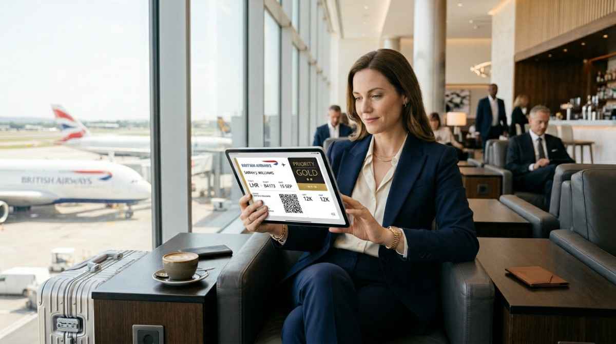 A professional traveler using a laptop in a premium airport lounge, symbolizing the rewards of a business travel card.