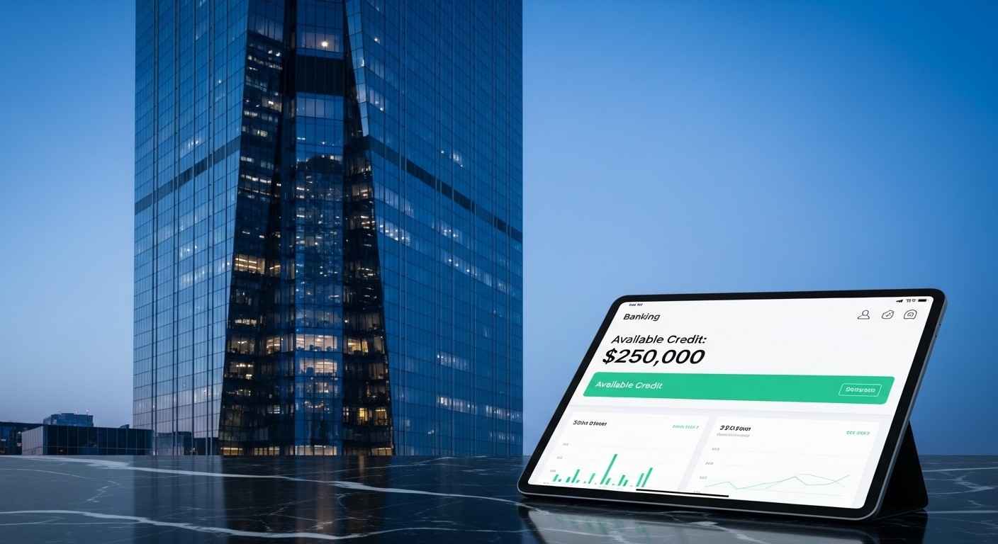 A high-resolution photo of a modern office building reflected in a glass surface with a digital Credit Approved notification on a tablet.