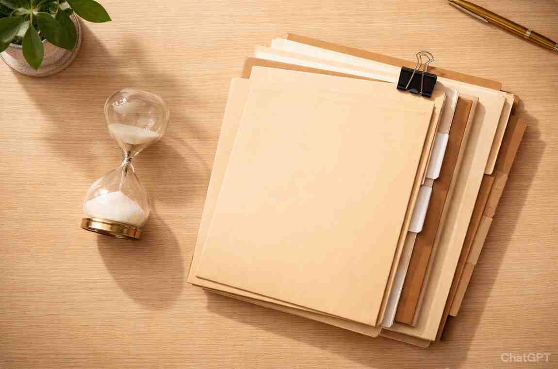 Hourglass beside financial files illustrating how length of credit history impacts FICO credit scores.