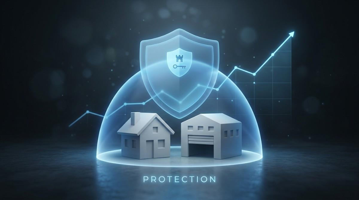 A conceptual image of a shield protecting a miniature house and factory, symbolizing the protection of assets with unsecured credit.