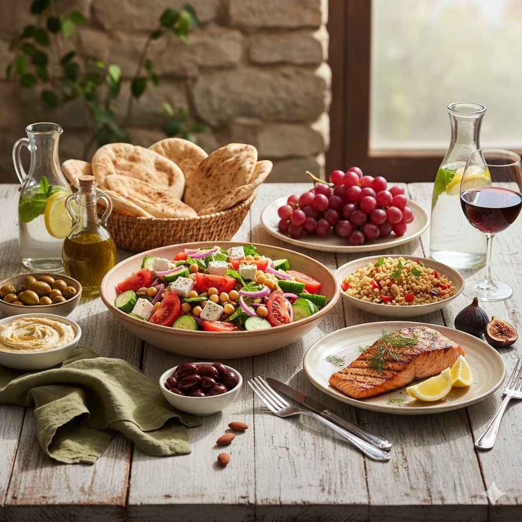 Scientific Mediterranean diet pyramid highlighting plant-based foods, healthy fats, and moderate seafood